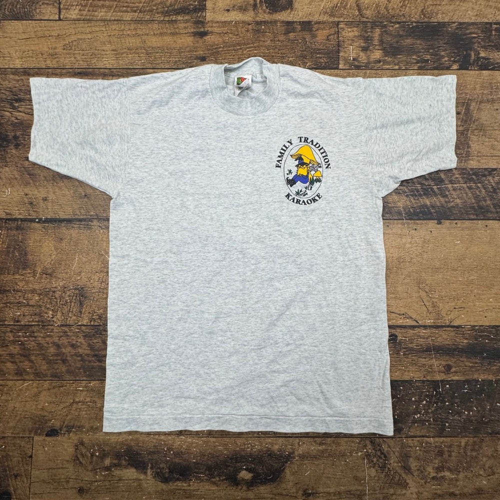 Vintage Fruit of the Loom‎ Family Tradition Karaoke Gnome T Shirt Gray Large L